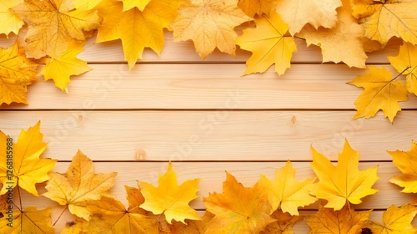 Fototapeta Autumn leaves frame on wooden background; fall design