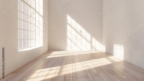Obraz Bright minimalist studio room, diffused sunlight creating soft subtle shadows on white walls and light wood flooring stands.