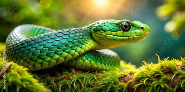 Fototapeta Emerald Green Snake Coiled on Branch - Macro Photography Stock Image