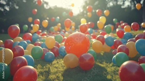 Obraz Colorful balloons falling on sunny park grass