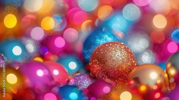 Fototapeta Festive multicolored orbs sparkle against a bokeh background, cheerful and celebratory holiday vibes.