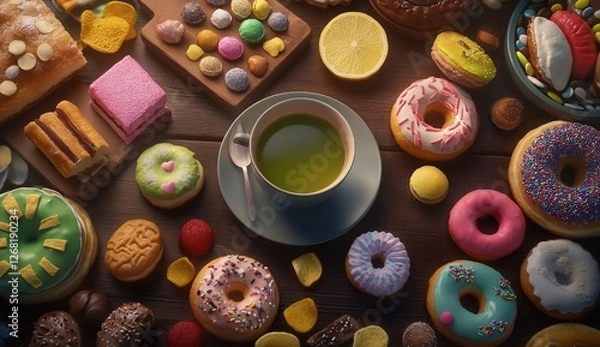 Fototapeta A cup of matcha tea surrounded by various sweets and pastries on a wooden table.