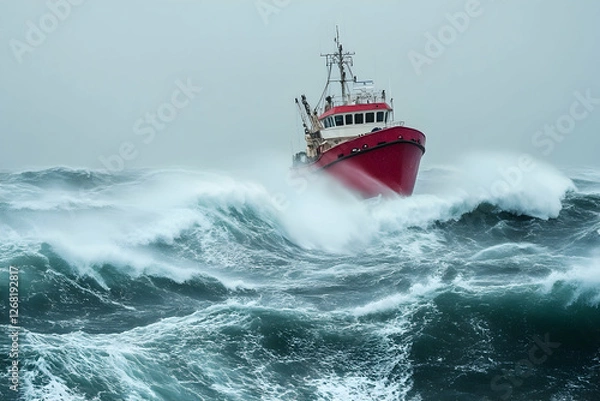Obraz Red ship braving fierce waves in a stormy ocean