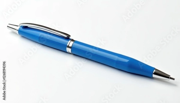 Fototapeta Isolated blue ballpoint pen with silver tip on pristine white background. A blue pen with a silver tip on a white surface.