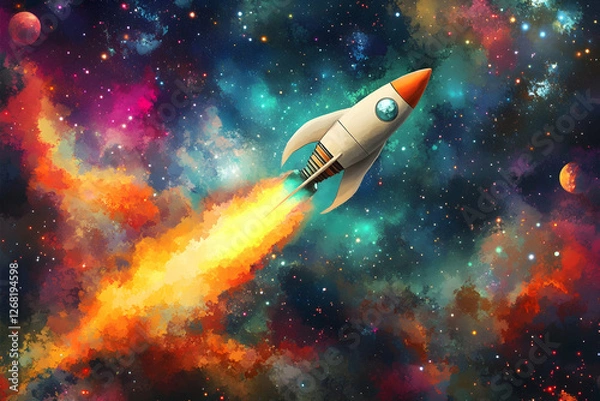 Obraz Rocket illustration soaring through a colorful and starry galaxy scene