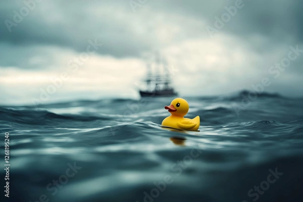Obraz Rubber duck floating serenely in the sea with a ship in the distance