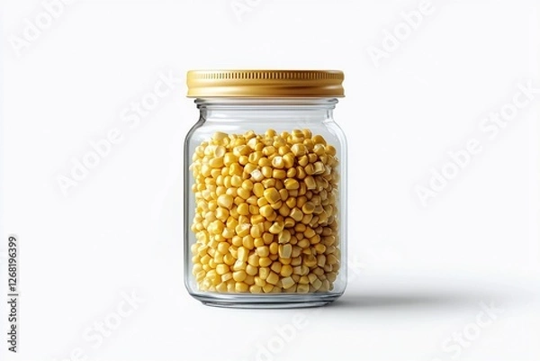 Fototapeta Glass jar filled with yellow corn kernels, gold lid, white background.