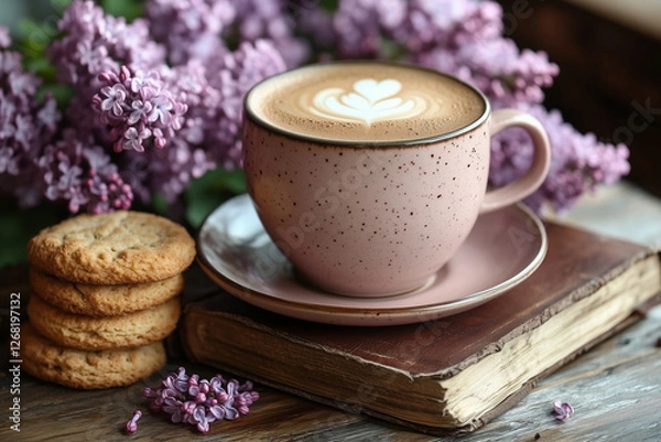Fototapeta  latte macchiato, biscuits, old books and lilac flowers on a wooden table