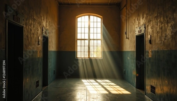 Fototapeta Isolated old prison hallway on a white background, sunlight streaming through a window. A long hallway with a large window letting in sunlight.