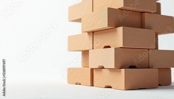 Fototapeta Vivid Contrast: Beige Wooden Blocks on Stunning White Background. A stack of wooden blocks on a white surface.