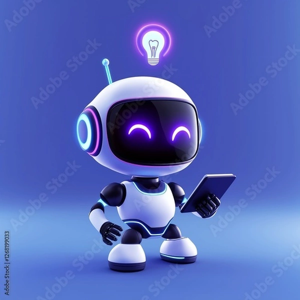 Fototapeta A cute 3D robot holding a tablet with a lightbulb icon above its head, symbolizing creativity and innovation, against a vibrant blue background