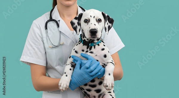 Fototapeta Veterinarian holding a Dalmatian puppy in a clinic setting - A veterinarian in a white coat, wearing blue gloves, holds a Dalmatian puppy.