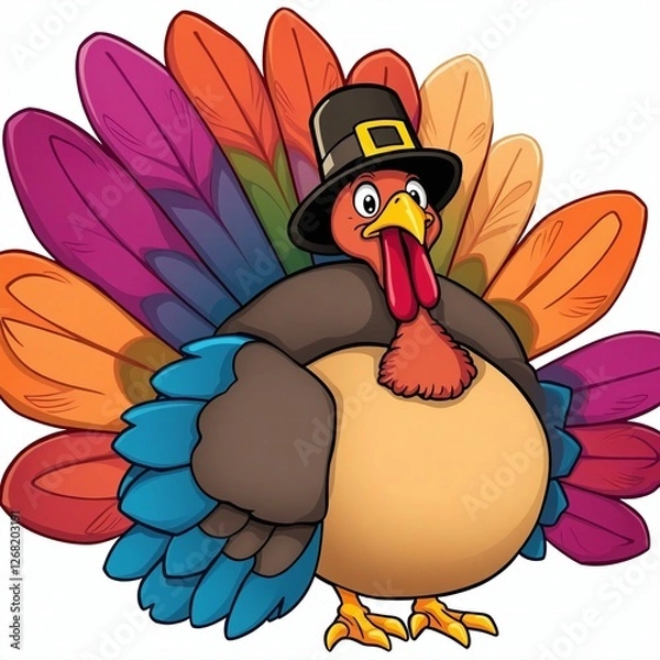 Obraz A cartoon turkey adorned with vibrant feathers and a pilgrim hat