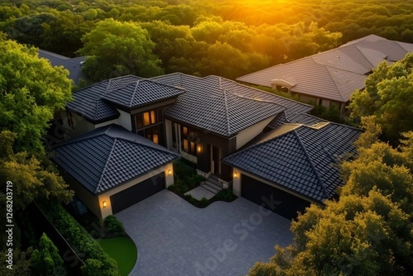 Obraz Aerial view of a modern house with dark roofs, surrounded by lush greenery, with the golden light of sunset illuminating the scene, offering a peaceful and picturesque suburban atmosphere