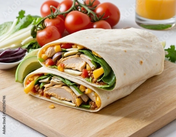 Fototapeta Quick and Delicious Grilled Chicken Tortilla Wrap with Cheese and Salsa
