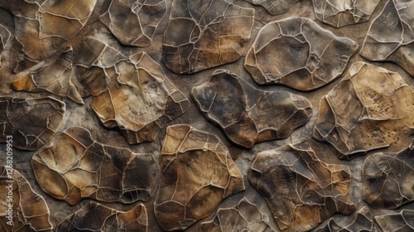 Fototapeta Close-up view of textured stone wall showcasing various shapes and colors, ideal for backgrounds and designs