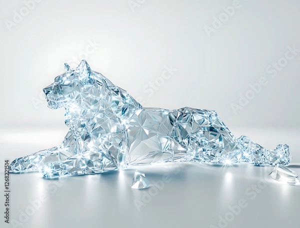 Fototapeta low poly ice sculpture of lion, showcasing intricate geometric shapes and sparkling finish. artwork exudes elegance and creativity