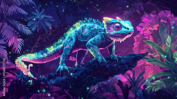 Fototapeta Armored chameleon dragon stands in a neon jungle landscape. Neon-Plated Knights. Illustration