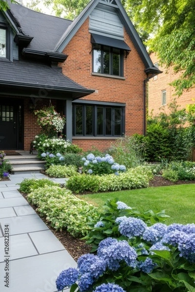 Obraz Beautiful suburban home with vibrant hydrangeas and well-maintained garden in a peaceful neighborhood during late spring