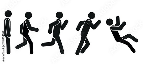 Fototapeta Stick man stands, runs, falls, silhouette, pictogram of a human figure, a group of people on a white background