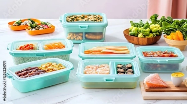 Fototapeta Refrigerator with Super Lock containers storing pre-cooked meals and snacks