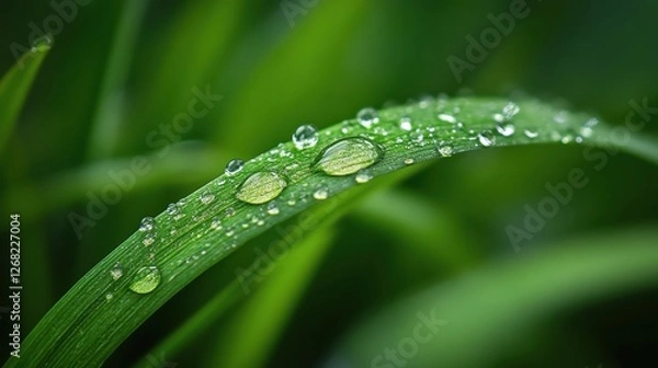 Obraz Close-up of green grass blade adorned with glistening water droplets, showcasing nature's beauty and freshness in a vibrant, serene setting.