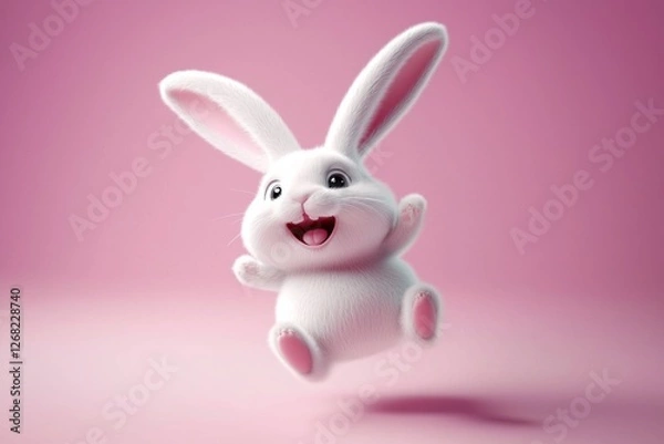 Fototapeta Delightful springtime illustration featuring a cheerful jumping rabbit.