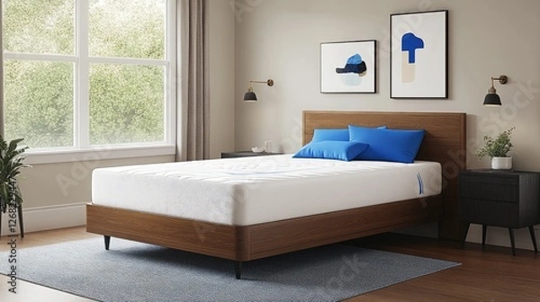 Fototapeta A bedroom setting with a cutting-edge mattress designed for superior comfort, breathability, and easy repositioning