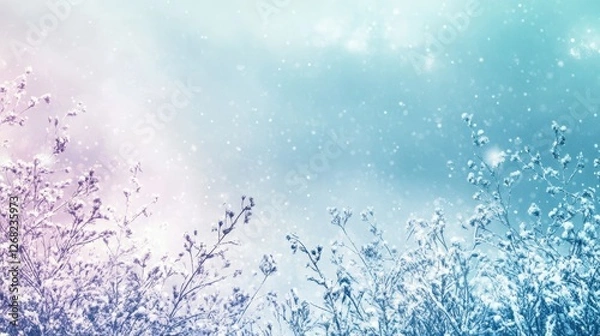 Fototapeta A serene winter scene featuring delicate snowflakes falling against a soft gradient sky, with frosted plants silhouetted in the foreground.