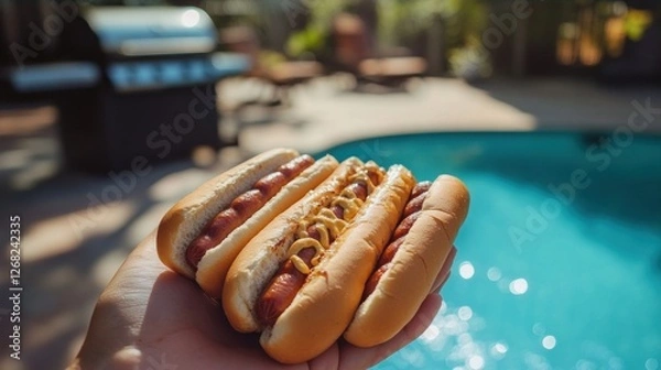 Fototapeta hot dog buns, held in hand with the grill in the background and a shimmering pool under the afternoon sun