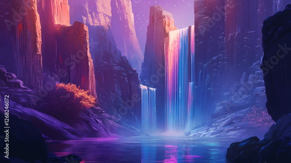 Fototapeta Vibrant canyon with gravity-defying rock formations and luminous, cascading waterfalls. Gravity-Defying Rivers. Illustration