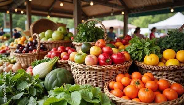 Fototapeta Baskets of colorful fresh fruits and vegetables at marketplace