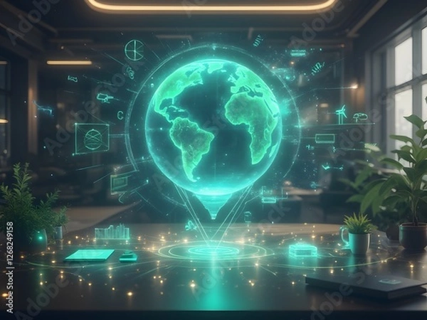Fototapeta Overview of the future of business planning. Business growth with AI technology. Creative workplace. Solar energy. Wind turbines. Driving future success. Strategic planning for a sustainable future.