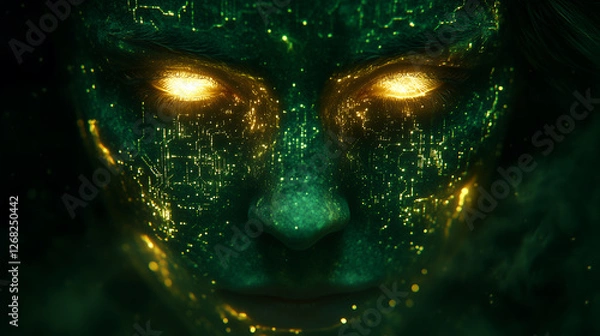 Fototapeta Close-up of futuristic face with glowing green  face and cybernetic eyes with circuitry illumination.