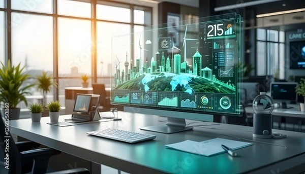 Fototapeta Overview of the future of business planning. Business growth with AI technology. Creative workplace. Solar energy. Wind turbines. Driving future success. Strategic planning for a sustainable future.