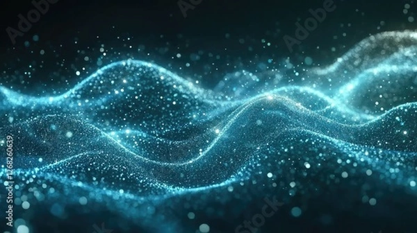 Fototapeta Abstract visualization of shimmering blue waves with sparkling particles, creating a dynamic background