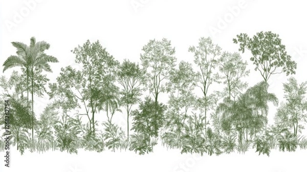 Fototapeta Lush Green Forest Illustration Featuring Diverse Trees and Foliage in a Serene Natural Setting