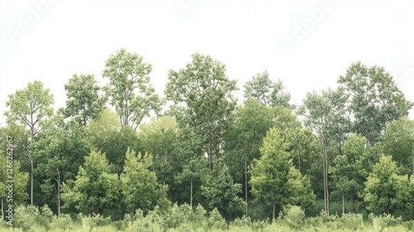 Fototapeta Lush green forest landscape showcasing dense trees and vibrant foliage under a clear sky