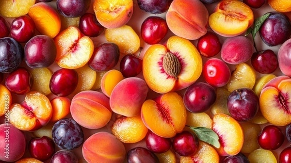 Fototapeta A delicious mix of summer fruits including peaches, plums, cherries, and apricots, sliced and whole, no background