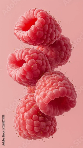 Obraz Food photo. Flying raspberry on the pastel pink background