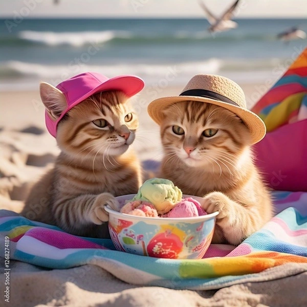 Fototapeta Tabby Orange cats Happy day on beach wearing hat and eating ice cream1