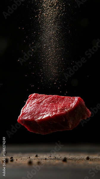 Obraz Food photo. Flying steak on the dark background