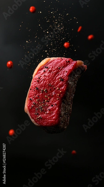 Obraz Food photo. Flying steak on the dark background