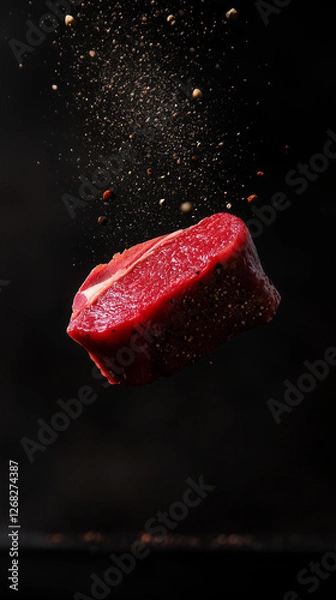 Obraz Food photo. Flying steak on the dark background