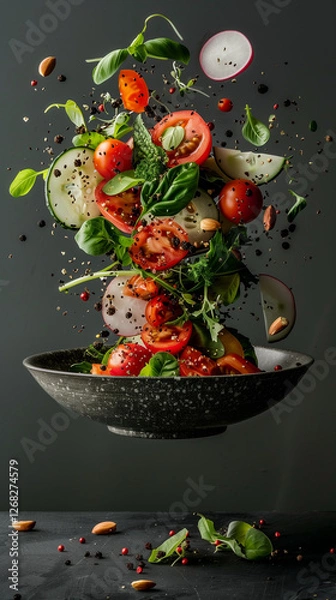 Obraz Food photo. Flying salad on the dark background
