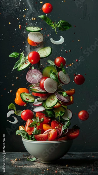 Obraz Food photo. Flying salad on the dark background