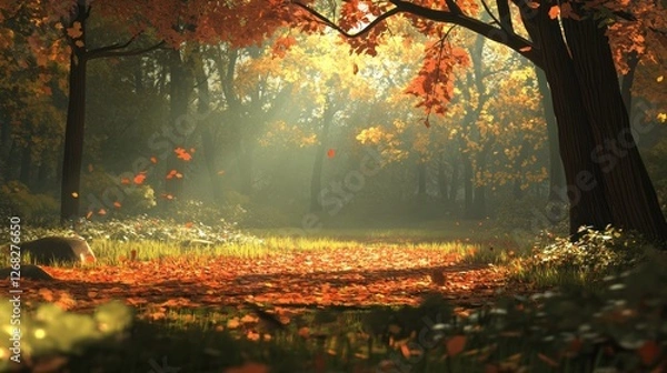 Fototapeta Enchanting autumn, a path bathed in golden light and falling leaves
