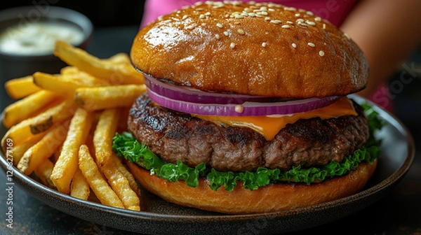 Fototapeta Juicy cheeseburger on a toasted bun served with crispy fries, enjoyed at a casual dining location during lunchtime with fresh greens and vibrant colors.