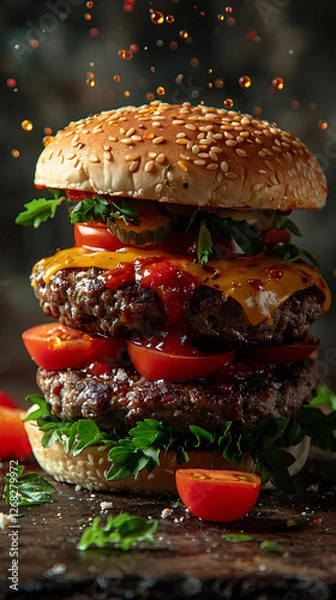 Obraz Food photo. Flying hamburger on the dark background
