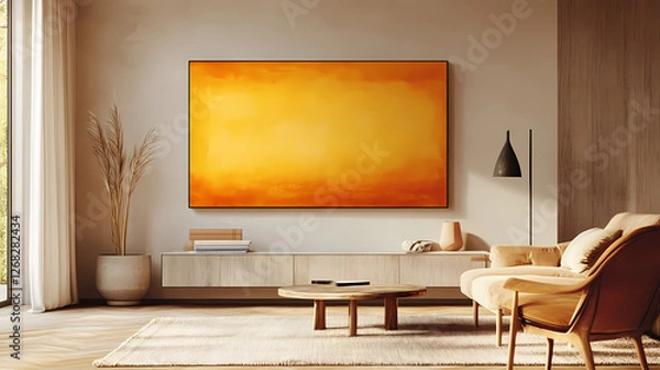 Fototapeta Abstract art in warm yellows and oranges hangs above a modern living room setup. Living Shadow Constructs. Illustration